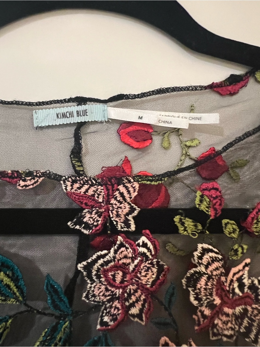 Kimchi Blue Black Sheer Mesh Top with Multicolor Floral Embroidery - Picture 3 of 3